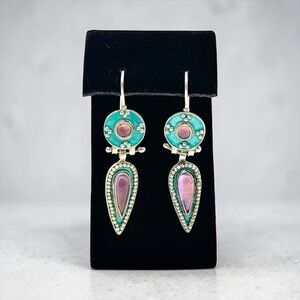 Vintage Thousand Flowers 925 Sterling Silver Turquoise Enamel Dangle Earrings